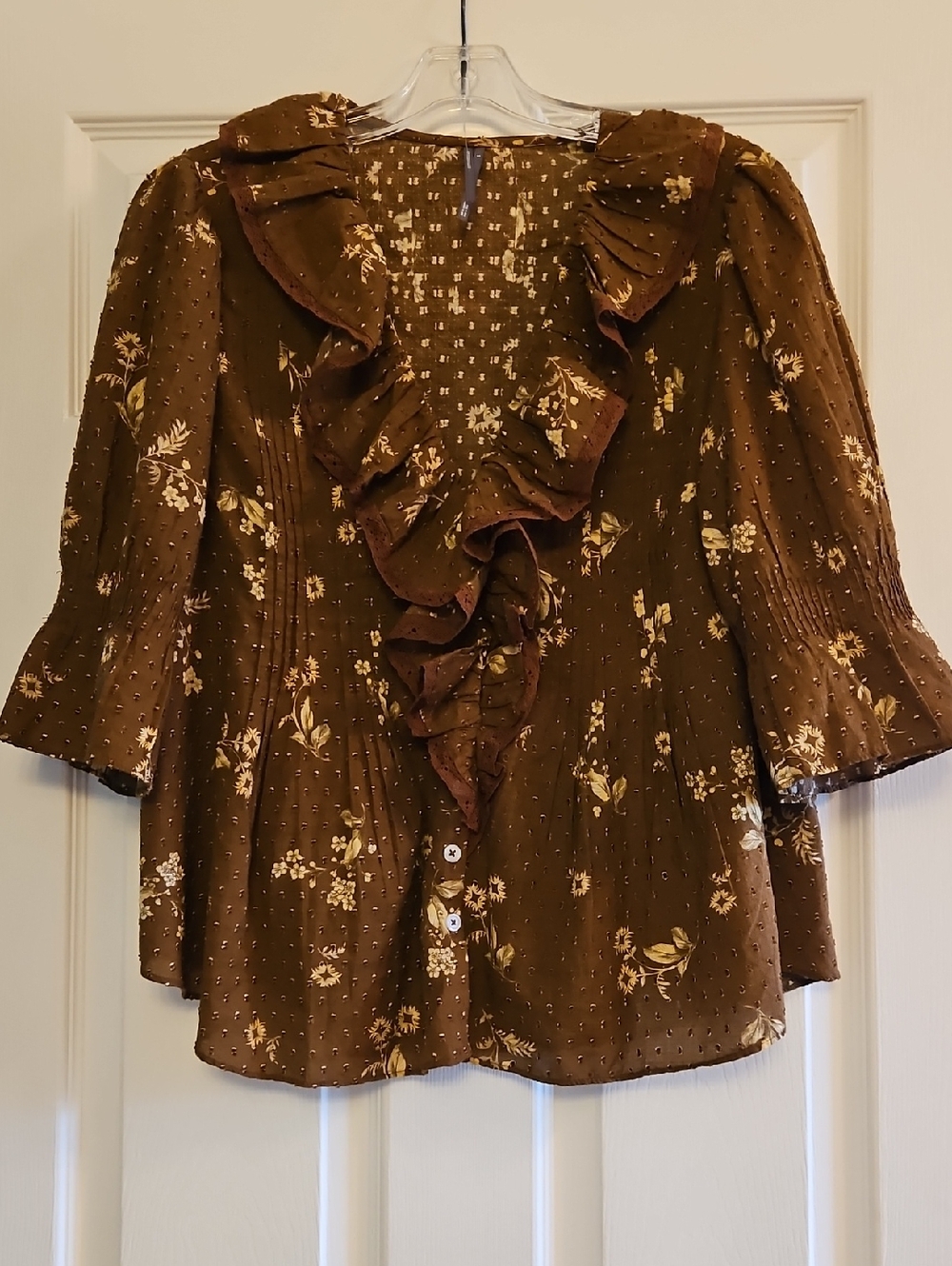 Anthropologie Brown Floral Ruffle Front Blouse